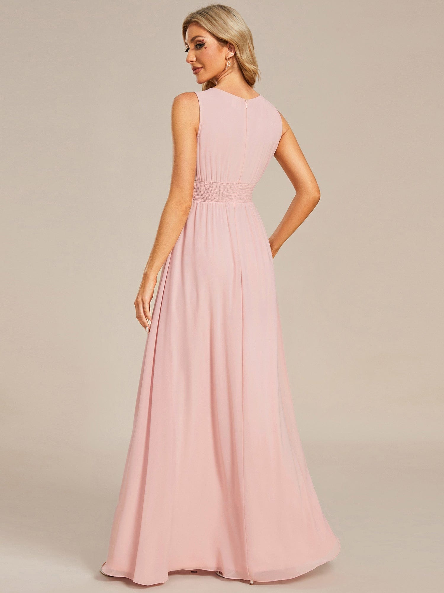 Simple Sleeveless A-line Chiffon Bridesmaid Dress with Hollow Out Detail #color_Pink