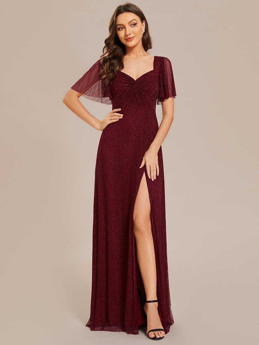 Glittery A-Line High Slit Elastic Waist Short Sleeves Back Lace-Up Bridesmaid Dress #color_Burgundy Glittery A-Line High Slit Elastic Waist Short Sleeves Back Lace-Up Bridesmaid Dress