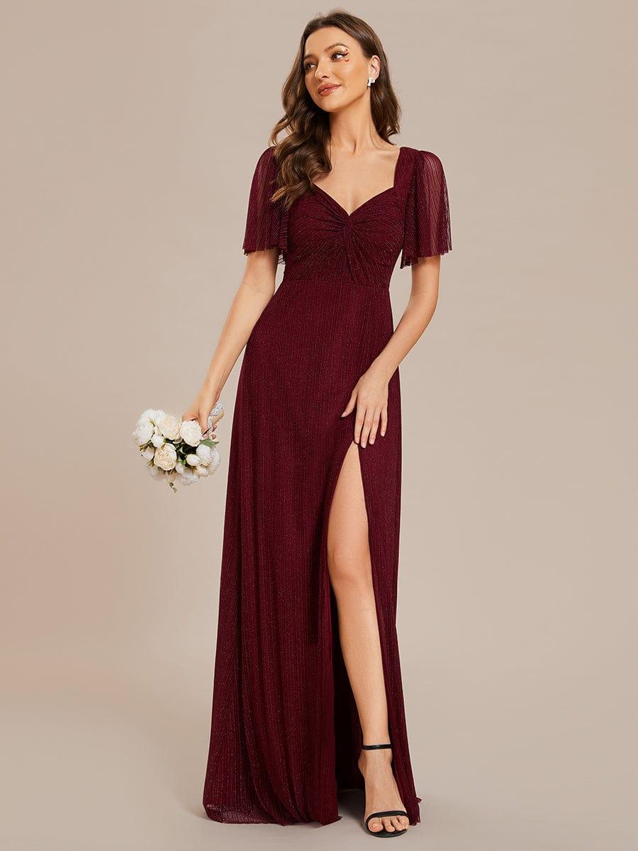Glittery A-Line High Slit Elastic Waist Short Sleeves Back Lace-Up Bridesmaid Dress #color_Burgundy Glittery A-Line High Slit Elastic Waist Short Sleeves Back Lace-Up Bridesmaid Dress