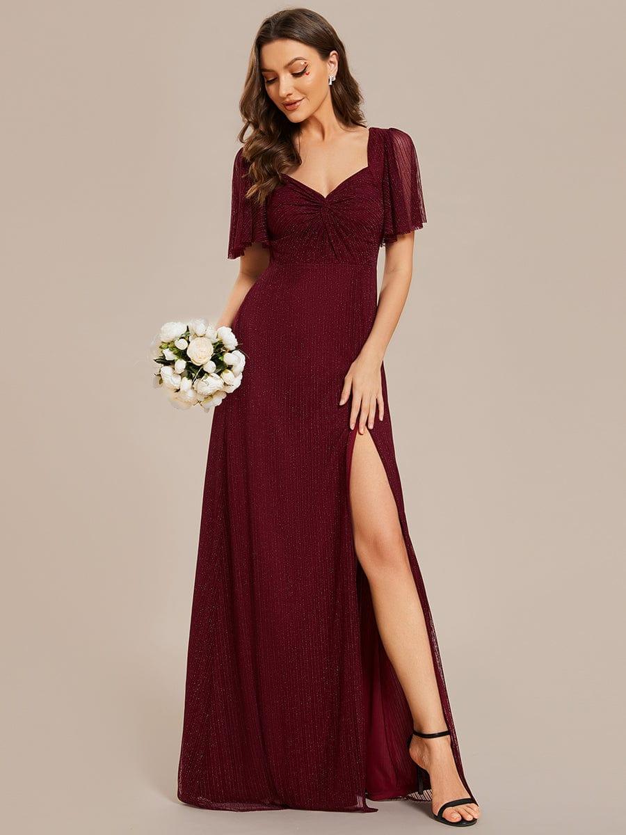 Glittery A-Line High Slit Elastic Waist Short Sleeves Back Lace-Up Bridesmaid Dress #color_Burgundy Glittery A-Line High Slit Elastic Waist Short Sleeves Back Lace-Up Bridesmaid Dress