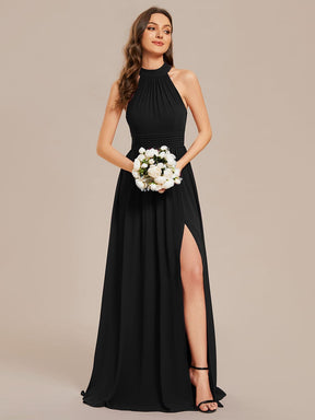 Chiffon Halter Straps Sleeveless Pleated A-Line High Slit Maxi Bridesmaid Dress