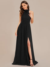 Chiffon Halter Straps Sleeveless Pleated A-Line High Slit Maxi Bridesmaid Dress #color_Black