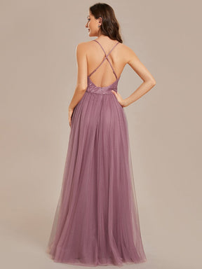 Spaghetti Straps Cross-Back Lace Top A-Line High Slit Tulle Bridesmaid Dress