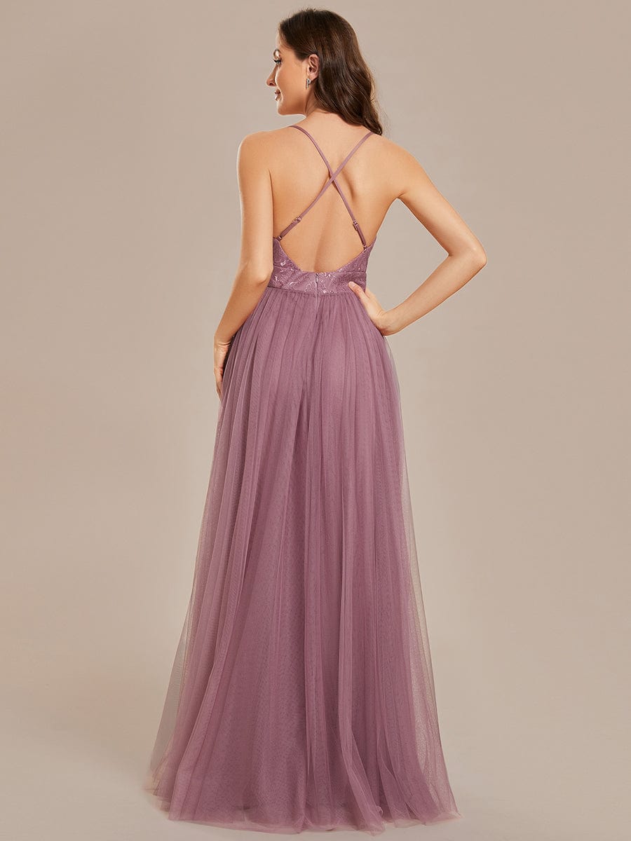 Spaghetti Straps Cross-Back Lace Top A-Line High Slit Tulle Bridesmaid Dress