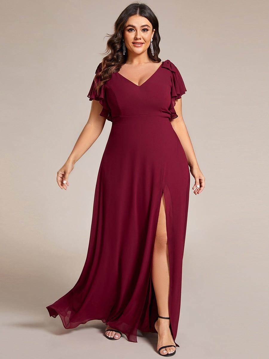 Short Sleeves with Bowknot High Front Slit A-Line Chiffon Bridesmaid Dress #color_Burgundy