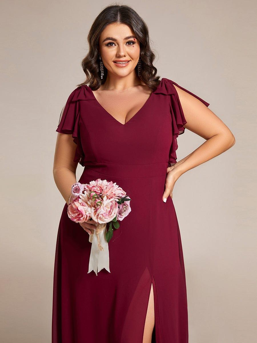 Short Sleeves with Bowknot High Front Slit A-Line Chiffon Bridesmaid Dress #color_Burgundy
