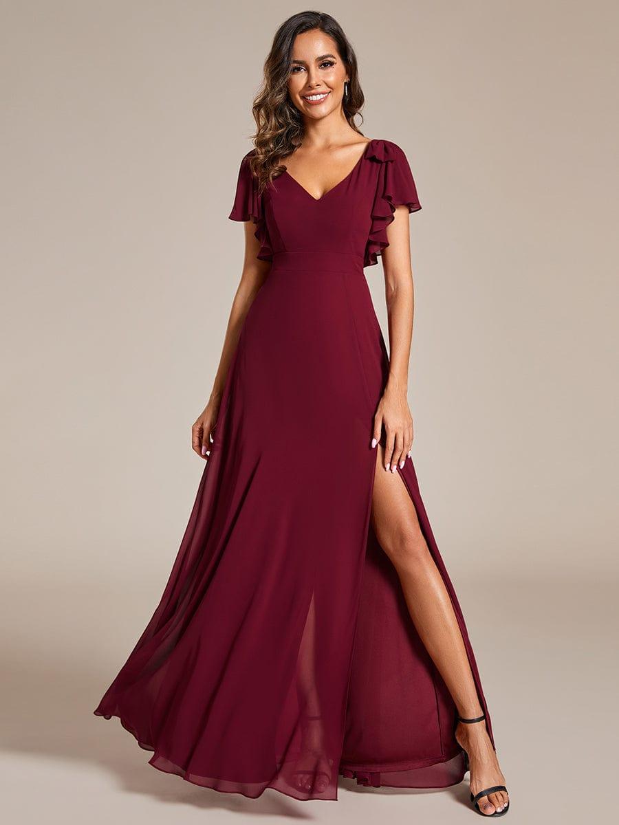 Short Sleeves with Bowknot High Front Slit A-Line Chiffon Bridesmaid Dress #color_Burgundy