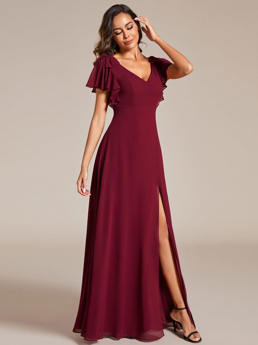 Short Sleeves with Bowknot High Front Slit A-Line Chiffon Bridesmaid Dress #color_Burgundy