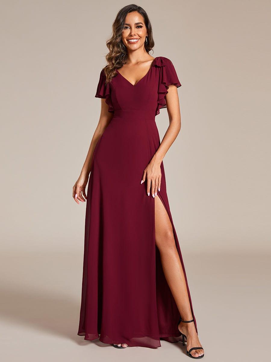 Short Sleeves with Bowknot High Front Slit A-Line Chiffon Bridesmaid Dress #color_Burgundy