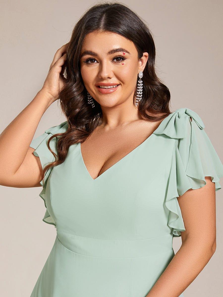 Short Sleeves with Bowknot High Front Slit A-Line Chiffon Bridesmaid Dress #color_Mint Green