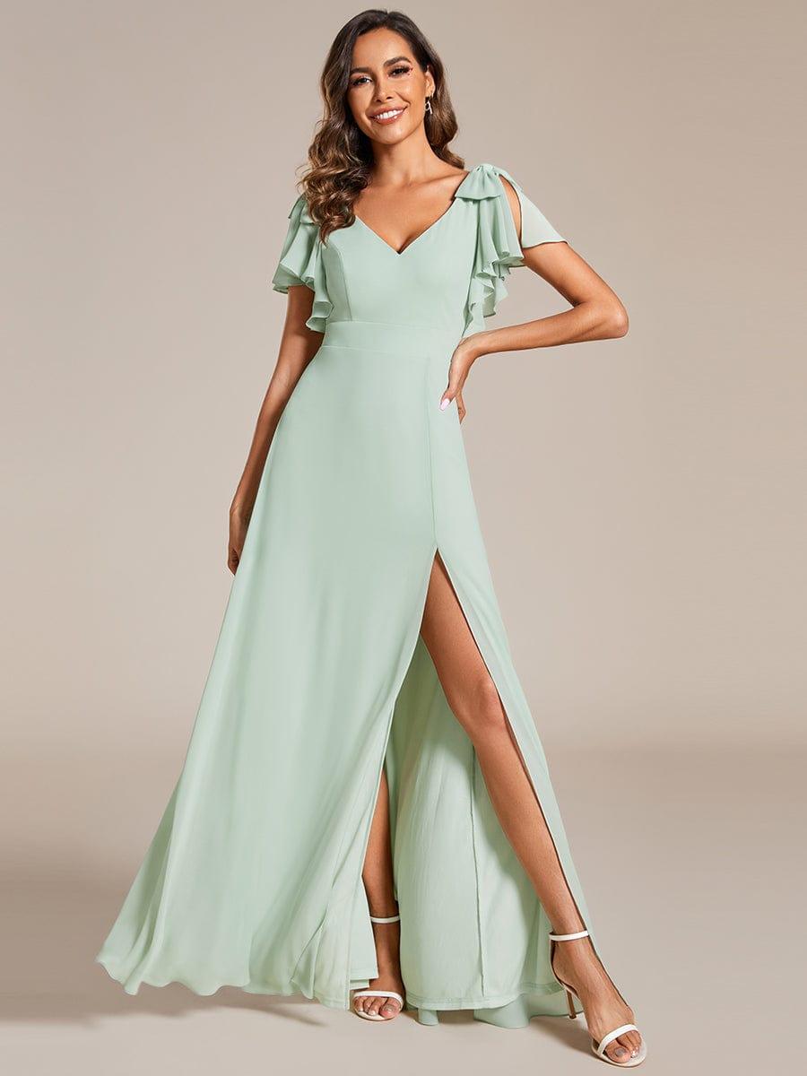 Short Sleeves with Bowknot High Front Slit A-Line Chiffon Bridesmaid Dress #color_Mint Green