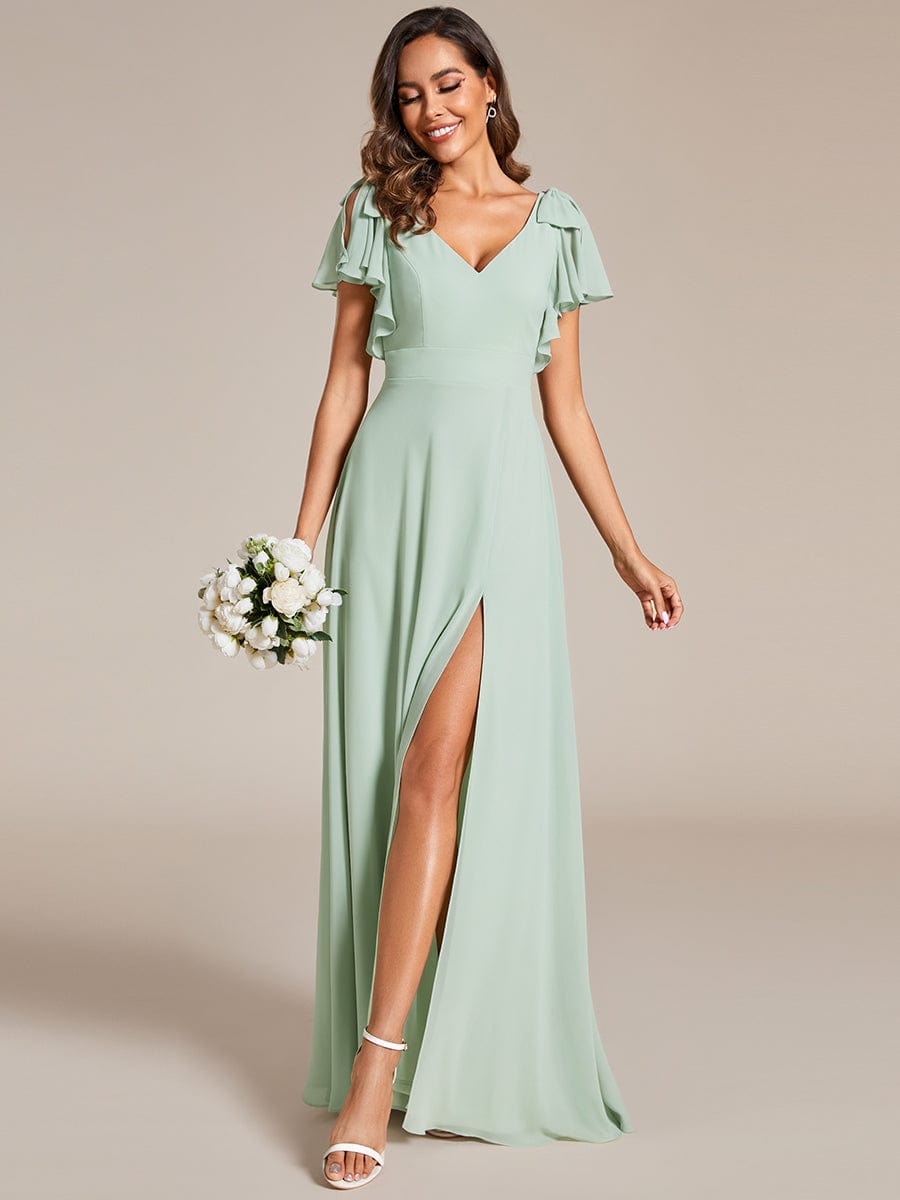 Short Sleeves with Bowknot High Front Slit A-Line Chiffon Bridesmaid Dress