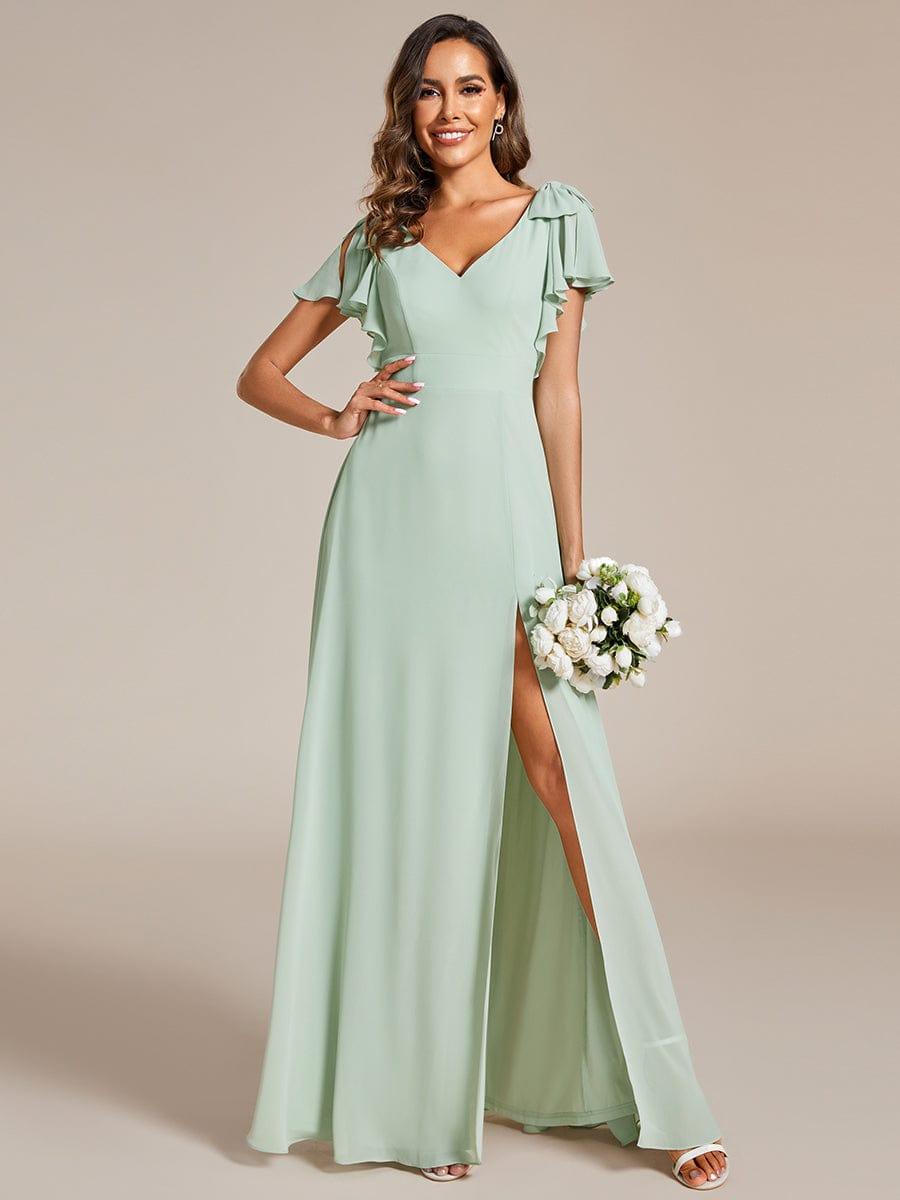 Short Sleeves with Bowknot High Front Slit A Line Chiffon Bridesmaid Dress