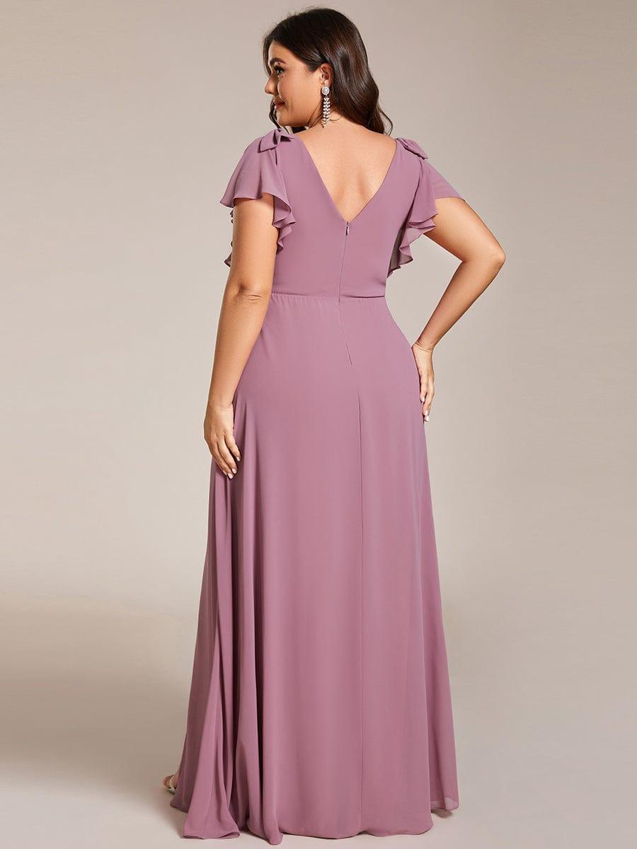 Short Sleeves with Bowknot High Front Slit A-Line Chiffon Bridesmaid Dress #color_Purple Orchid