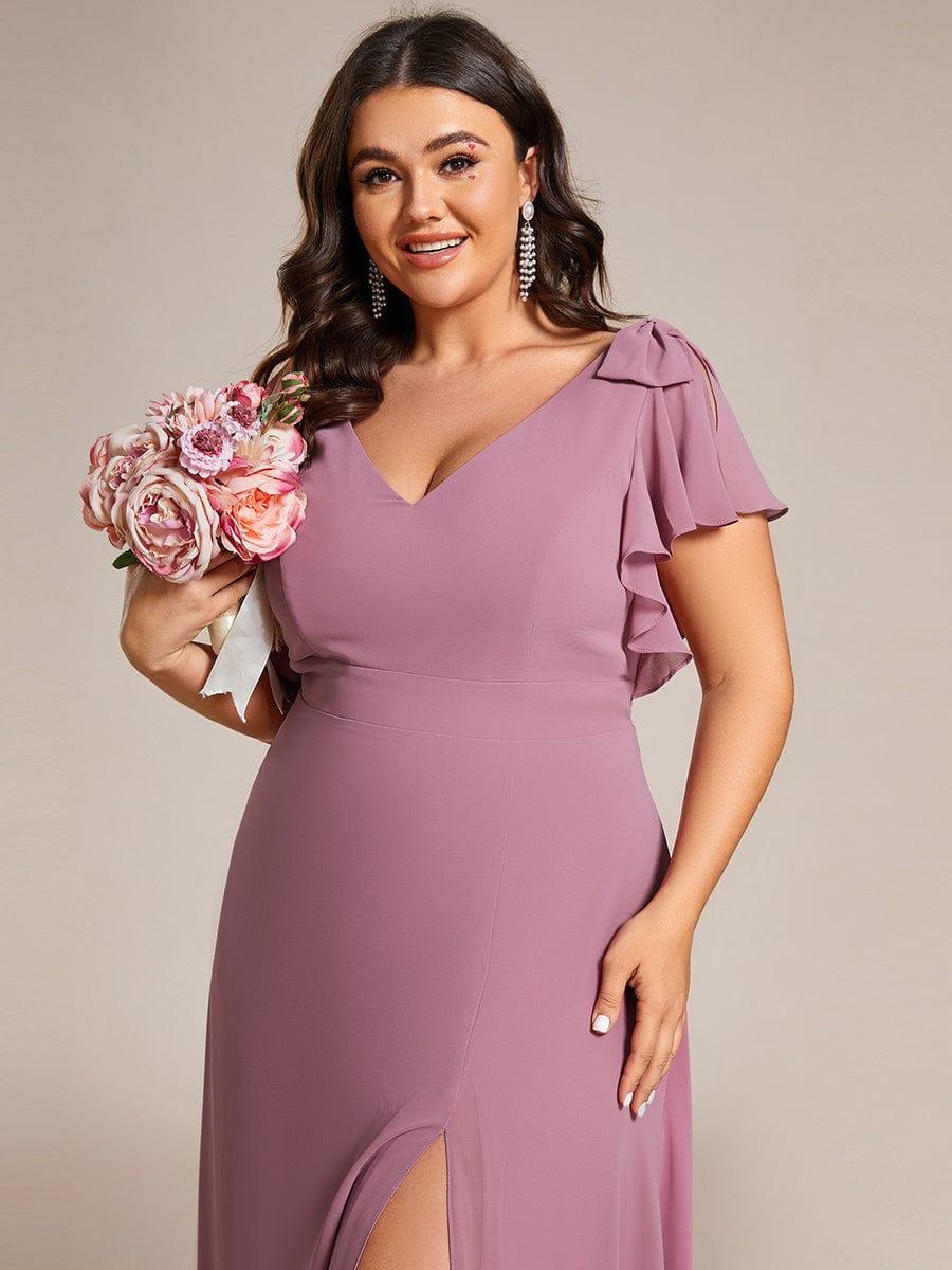 Short Sleeves with Bowknot High Front Slit A-Line Chiffon Bridesmaid Dress #color_Purple Orchid