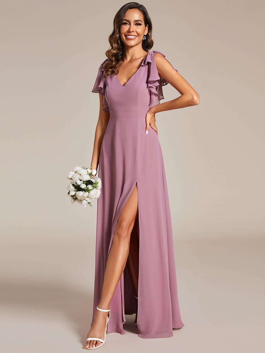 Short Sleeves with Bowknot High Front Slit A-Line Chiffon Bridesmaid Dress #color_Purple Orchid