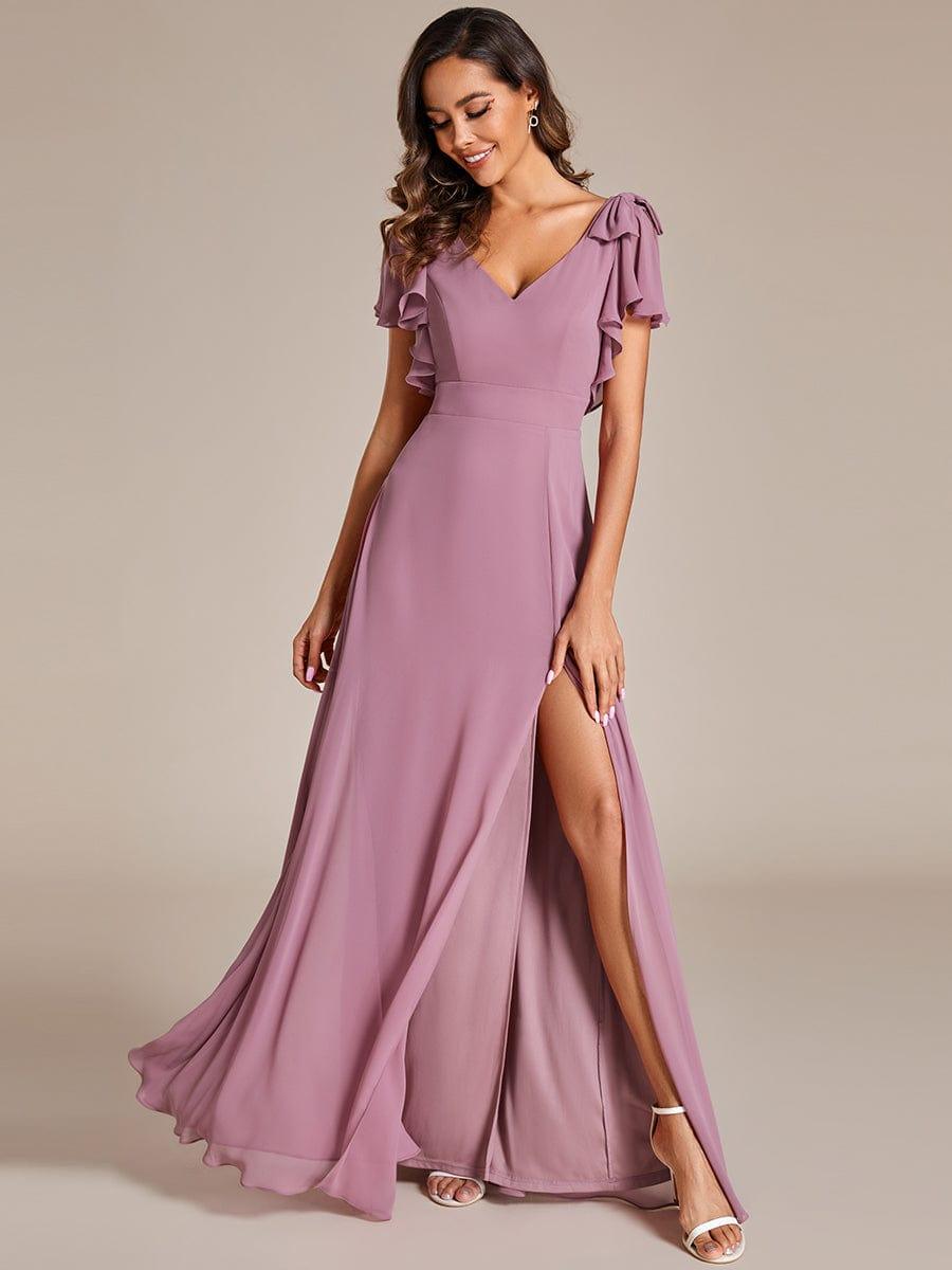 Short Sleeves with Bowknot High Front Slit A-Line Chiffon Bridesmaid Dress #color_Purple Orchid