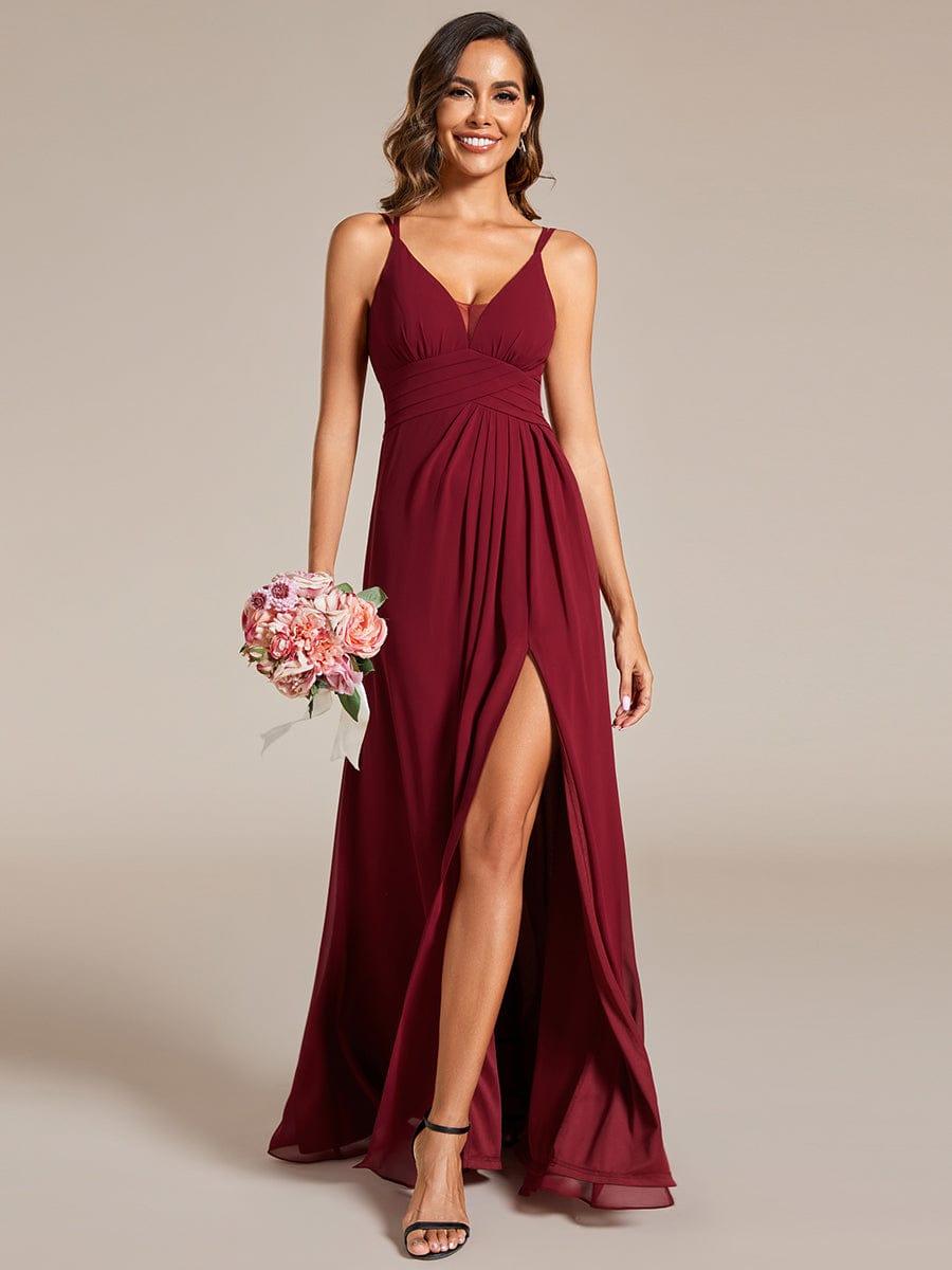 Deep V-Neck High Front Slit Spaghetti Strap Back X-Cross Bridesmaid Dress #color_Burgundy