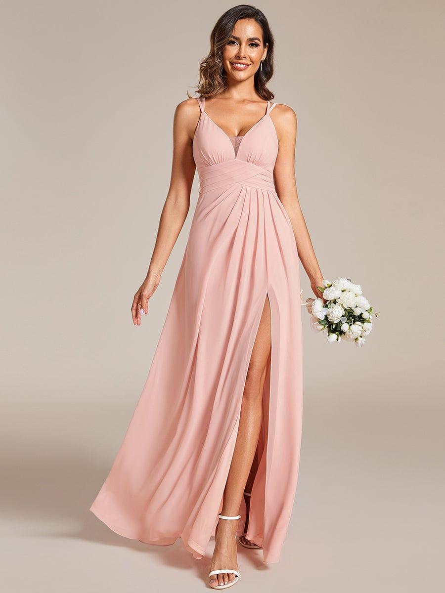 Deep V-Neck High Front Slit Spaghetti Strap Back X-Cross Bridesmaid Dress #color_Pink