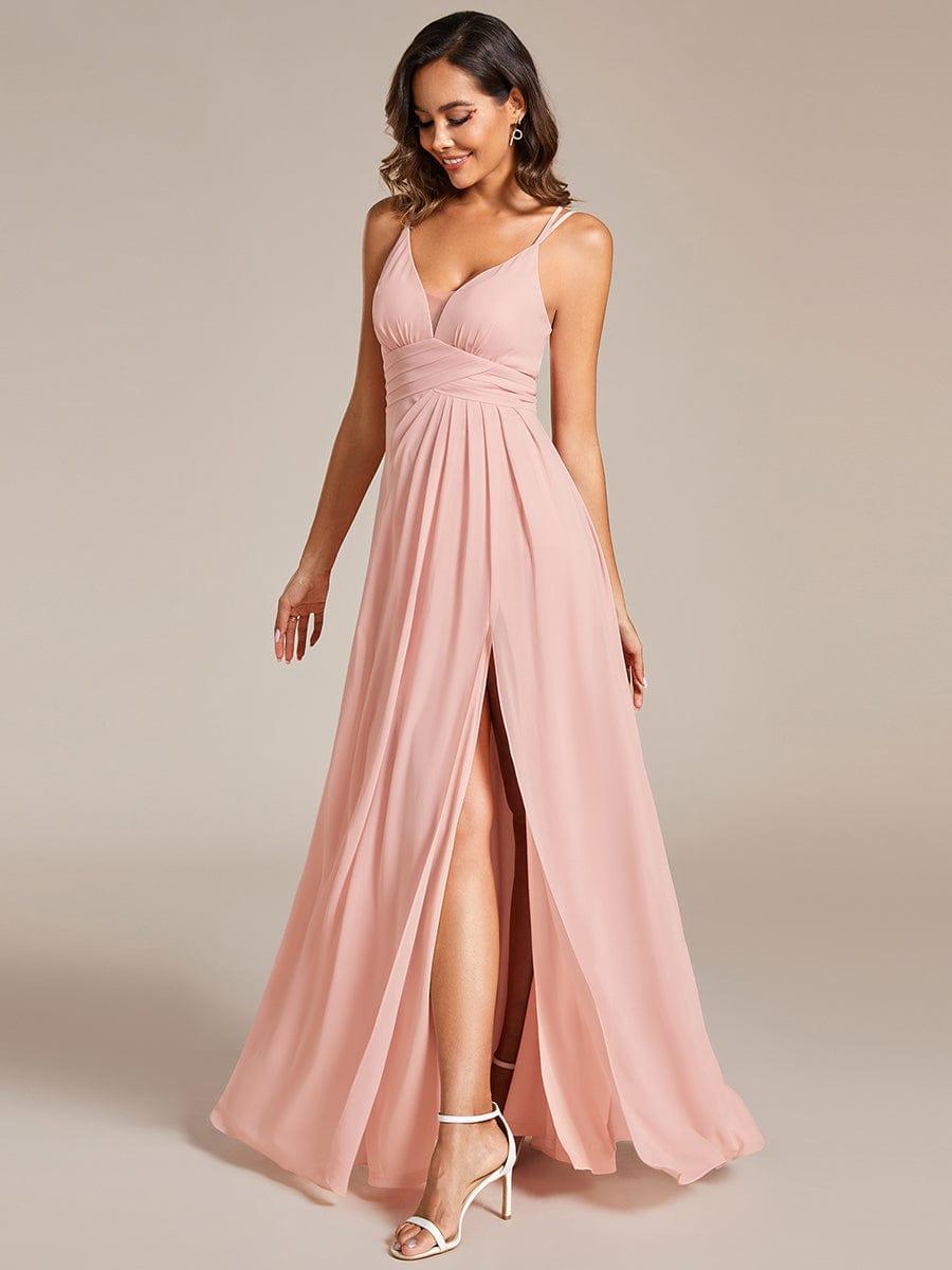 Deep V-Neck High Front Slit Spaghetti Strap Back X-Cross Bridesmaid Dress #color_Pink