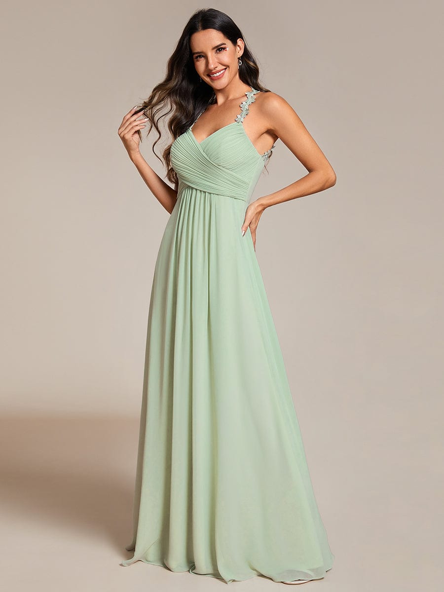 Floral Halter Neck Pleated Backless Bridesmaid Dress in Chiffon #color_Mint Green