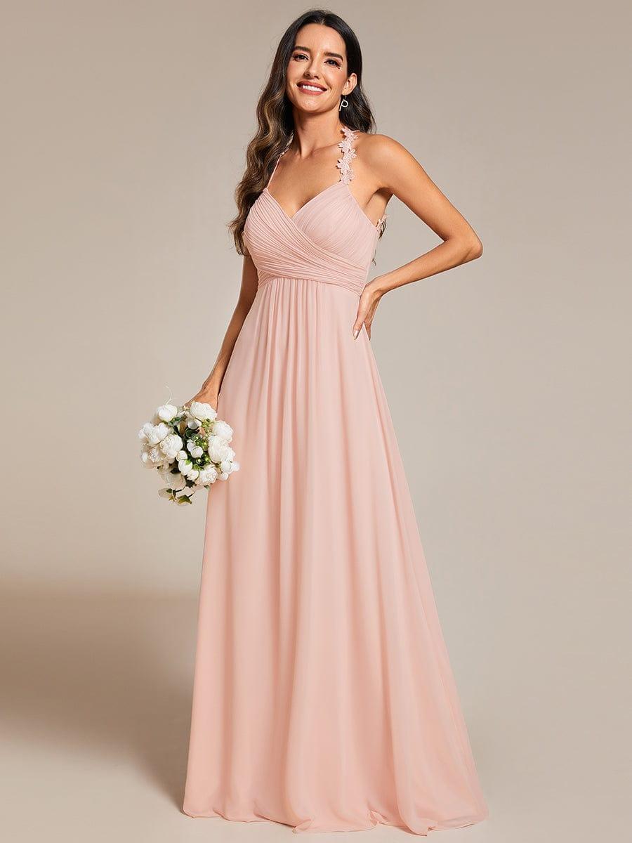 Floral Halter Neck Pleated Backless Bridesmaid Dress in Chiffon #color_Pink
