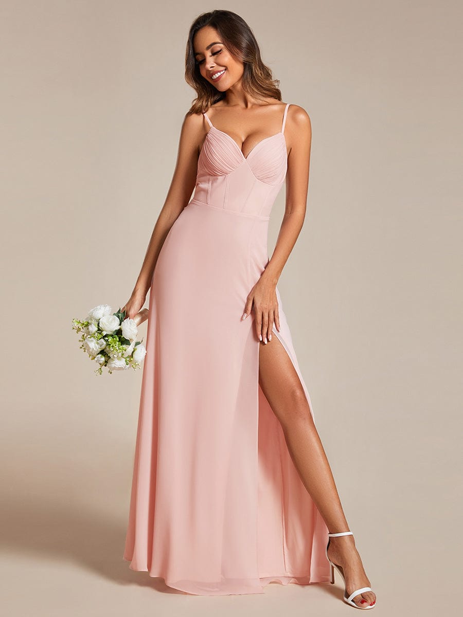 Spaghetti Strap V-Neck Chiffon Bridesmaid Dress with High Slit #color_Pink