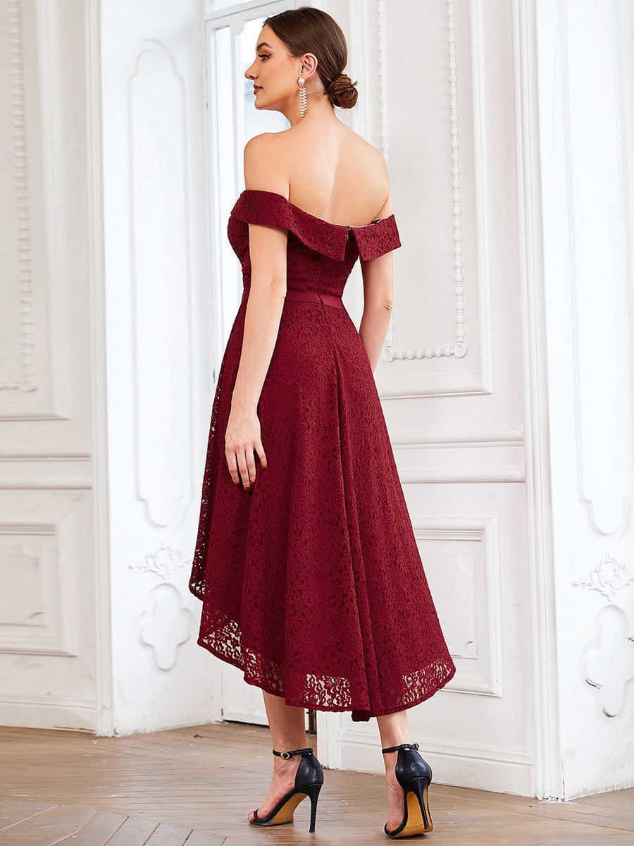 Off Shoulder Sweetheart High-Low Bridesmaid Dress #color_Burgundy