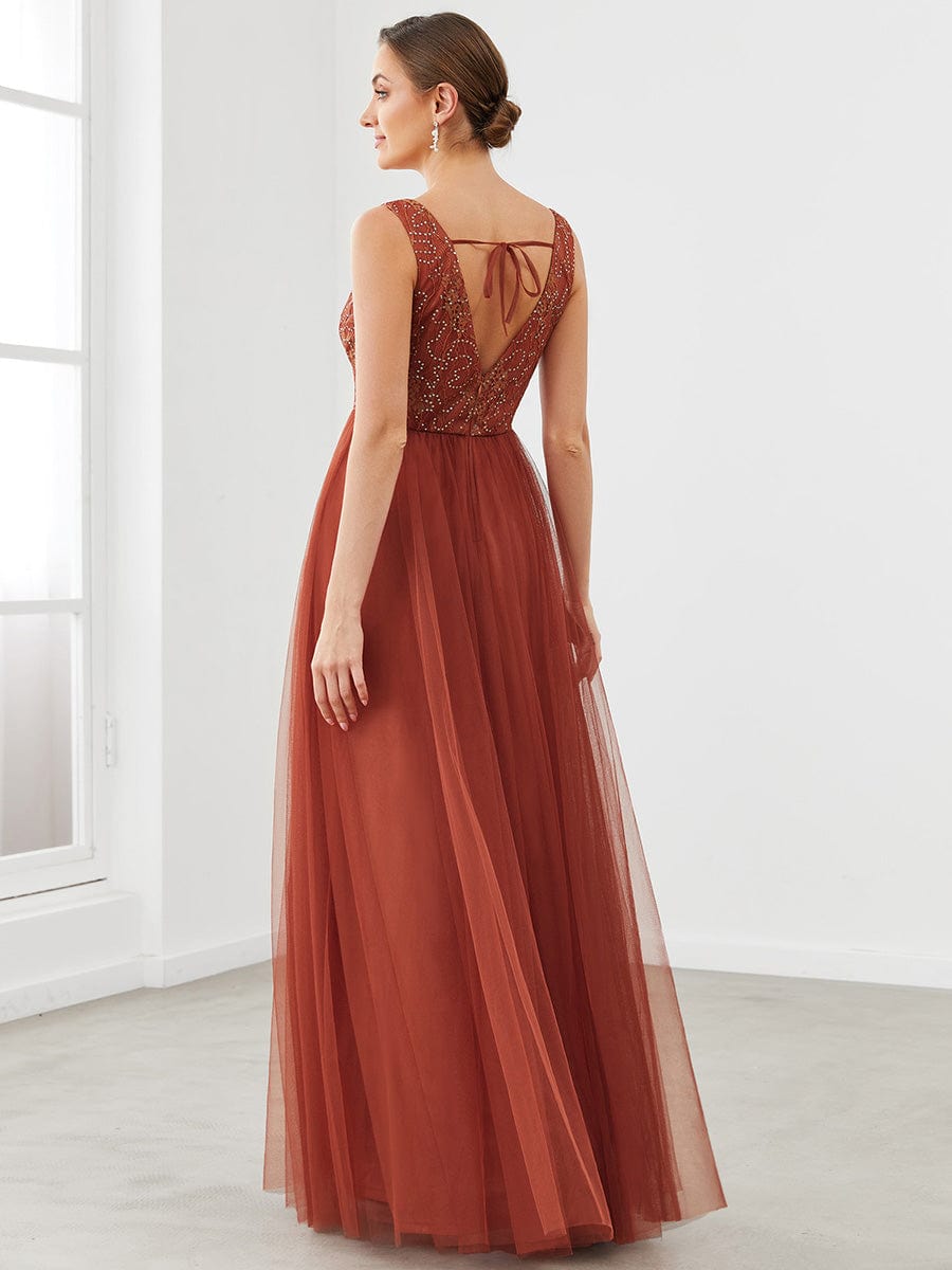 V-Neck Sleeveless A-Line Tulle Bridesmaid Dress #color_Brick Red V-Neck Sleeveless A-Line Tulle Bridesmaid Dress