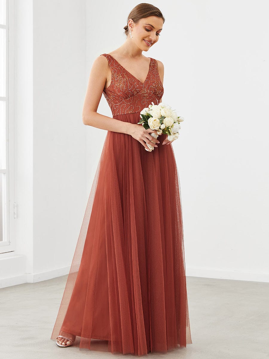 V-Neck Sleeveless A-Line Tulle Bridesmaid Dress #color_Brick Red V-Neck Sleeveless A-Line Tulle Bridesmaid Dress