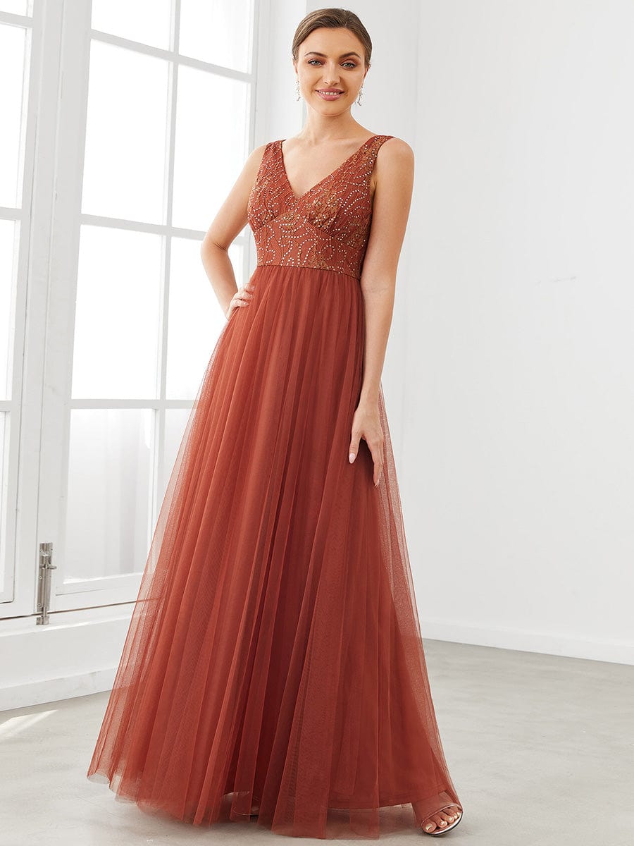 V-Neck Sleeveless A-Line Tulle Bridesmaid Dress #color_Brick Red V-Neck Sleeveless A-Line Tulle Bridesmaid Dress