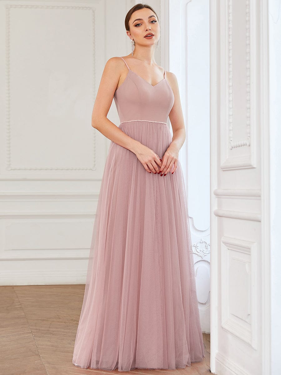 Sweetheart Spaghetti Strap A-Line Tulle Bridesmaid Dress #color_Dusty Rose Sweetheart Spaghetti Strap A-Line Tulle Bridesmaid Dress