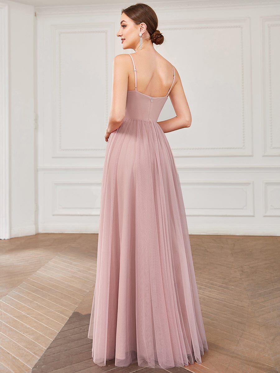 Sweetheart Spaghetti Strap A-Line Tulle Bridesmaid Dress #color_Dusty Rose Sweetheart Spaghetti Strap A-Line Tulle Bridesmaid Dress