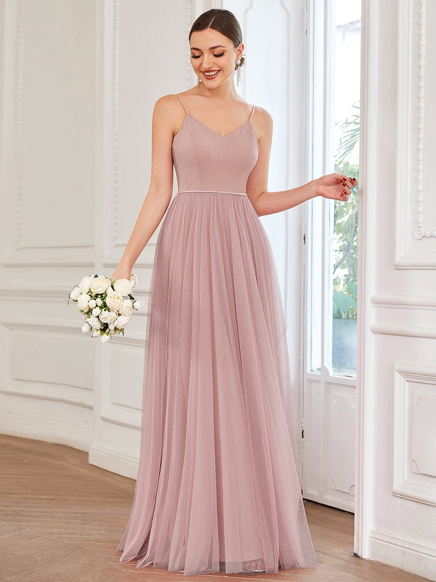 Sweetheart Spaghetti Strap A-Line Tulle Bridesmaid Dress #color_Dusty Rose Sweetheart Spaghetti Strap A-Line Tulle Bridesmaid Dress