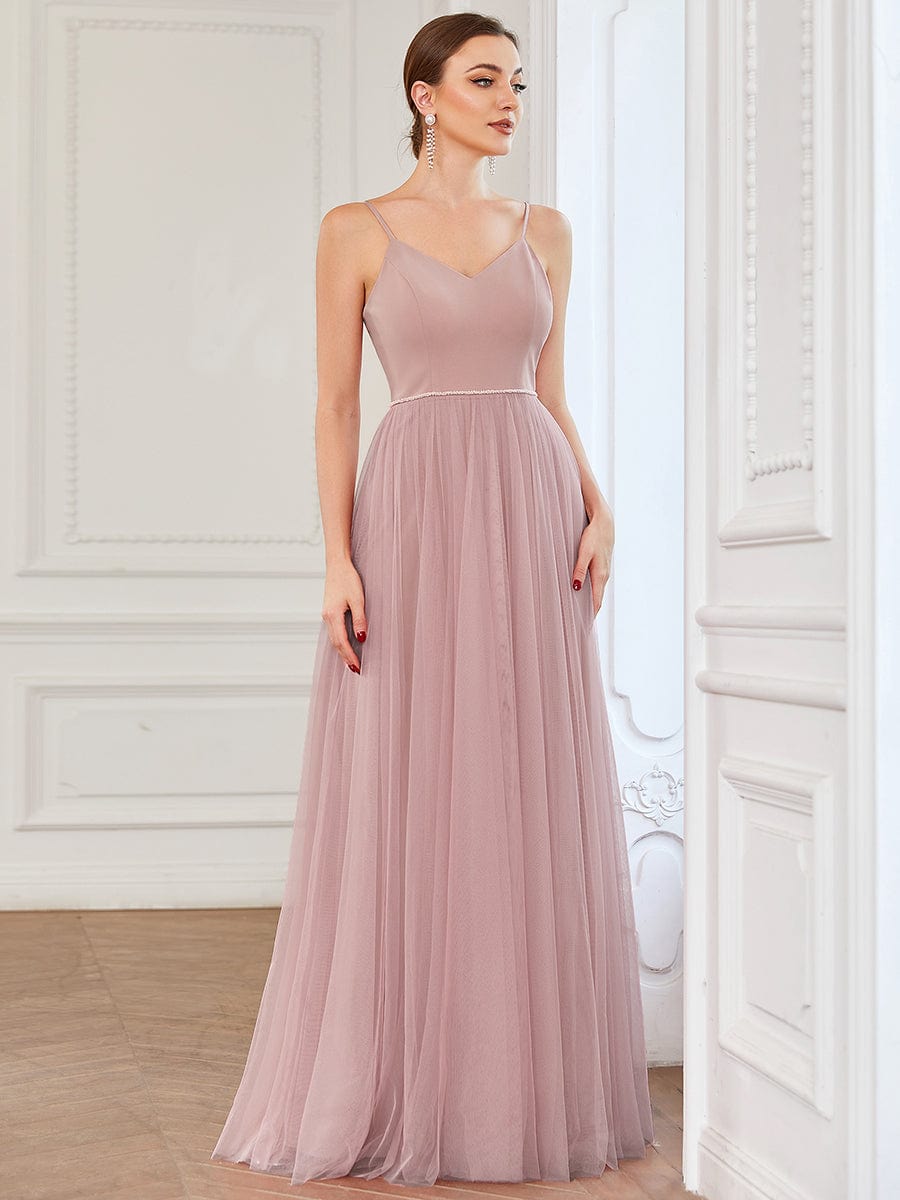Sweetheart Spaghetti Strap A-Line Tulle Bridesmaid Dress #color_Dusty Rose Sweetheart Spaghetti Strap A-Line Tulle Bridesmaid Dress