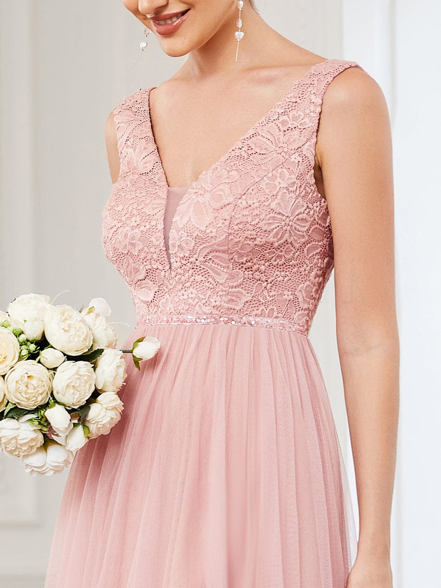 Lace Sleeveless V-Neck Backless High Low Bridesmaid Dress #color_Pink Lace Sleeveless V-Neck Backless High Low Bridesmaid Dress