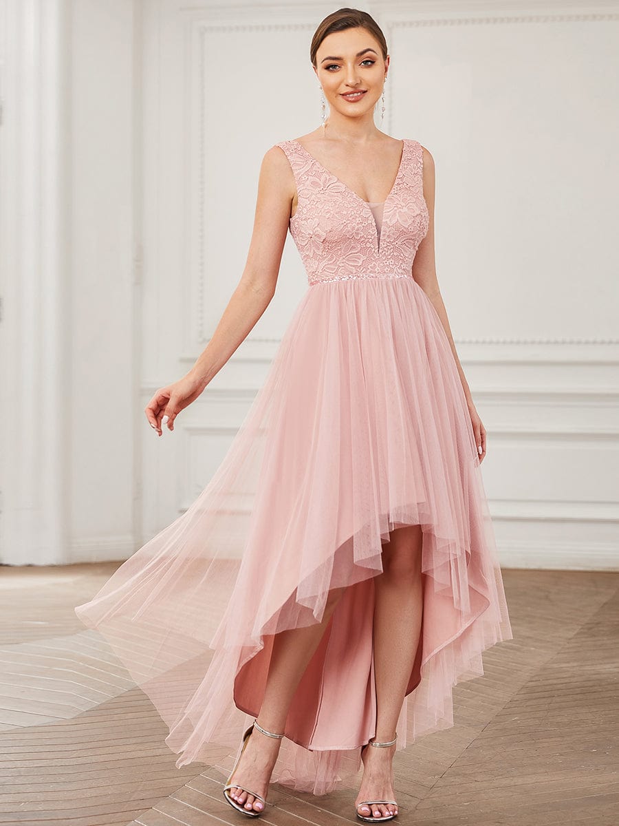 Lace Sleeveless V-Neck Backless High Low Bridesmaid Dress #color_Pink Lace Sleeveless V-Neck Backless High Low Bridesmaid Dress