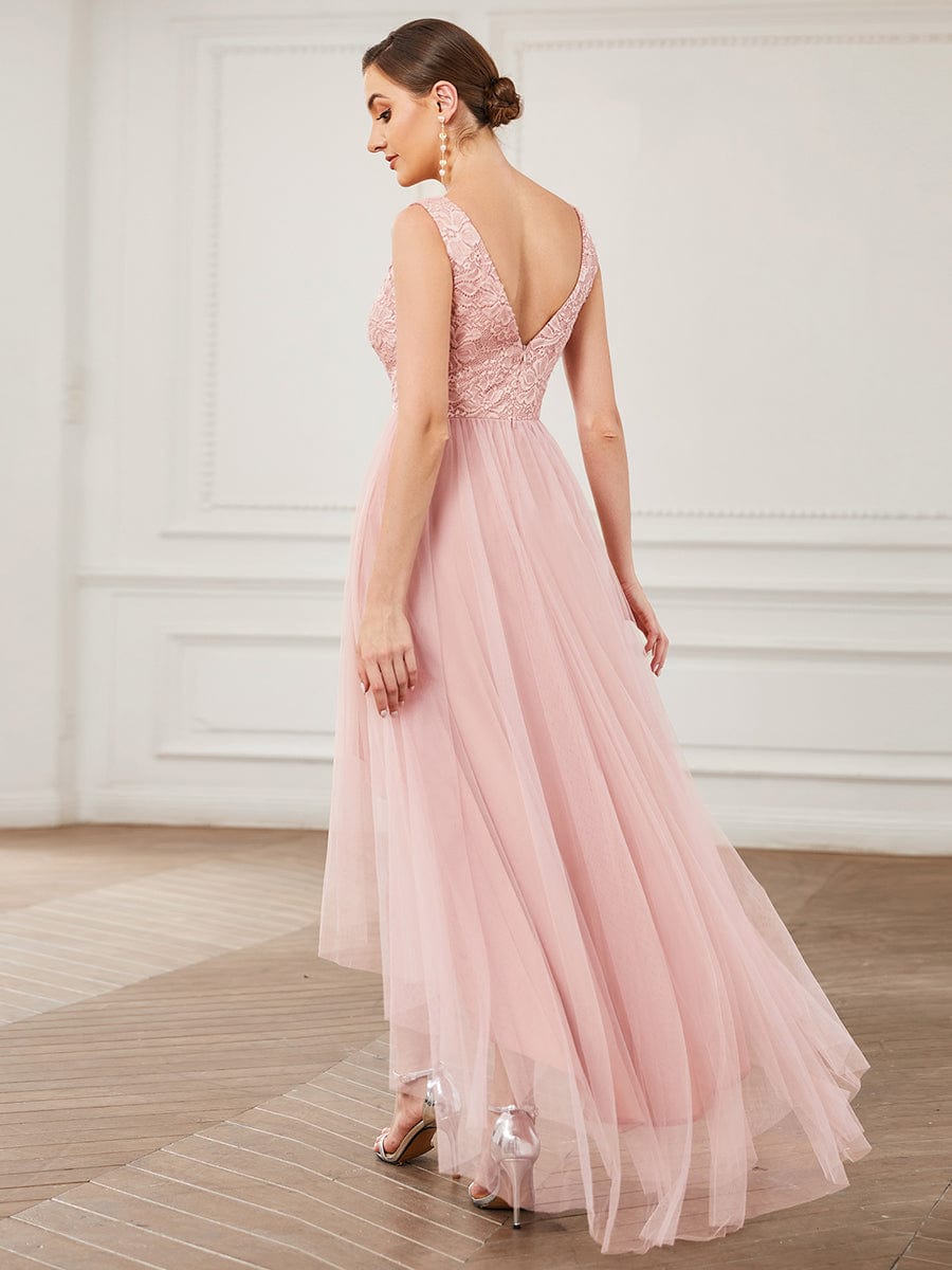 Lace Sleeveless V-Neck Backless High Low Bridesmaid Dress #color_Pink Lace Sleeveless V-Neck Backless High Low Bridesmaid Dress