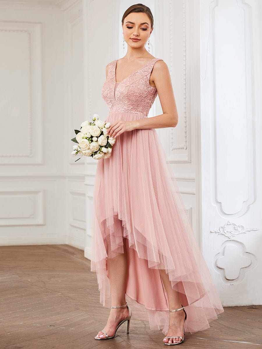 Lace Sleeveless V-Neck Backless High Low Bridesmaid Dress #color_Pink Lace Sleeveless V-Neck Backless High Low Bridesmaid Dress