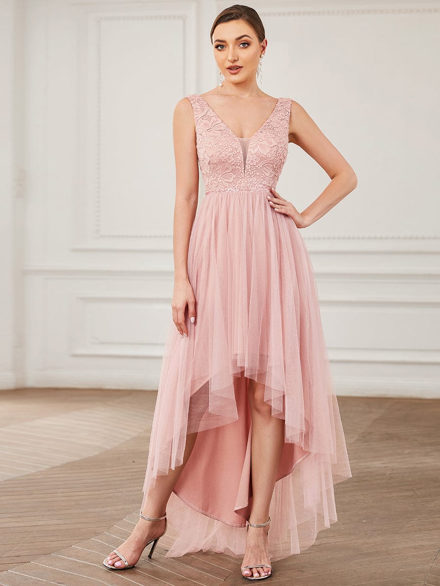 Lace Sleeveless V-Neck Backless High Low Bridesmaid Dress #color_Pink Lace Sleeveless V-Neck Backless High Low Bridesmaid Dress