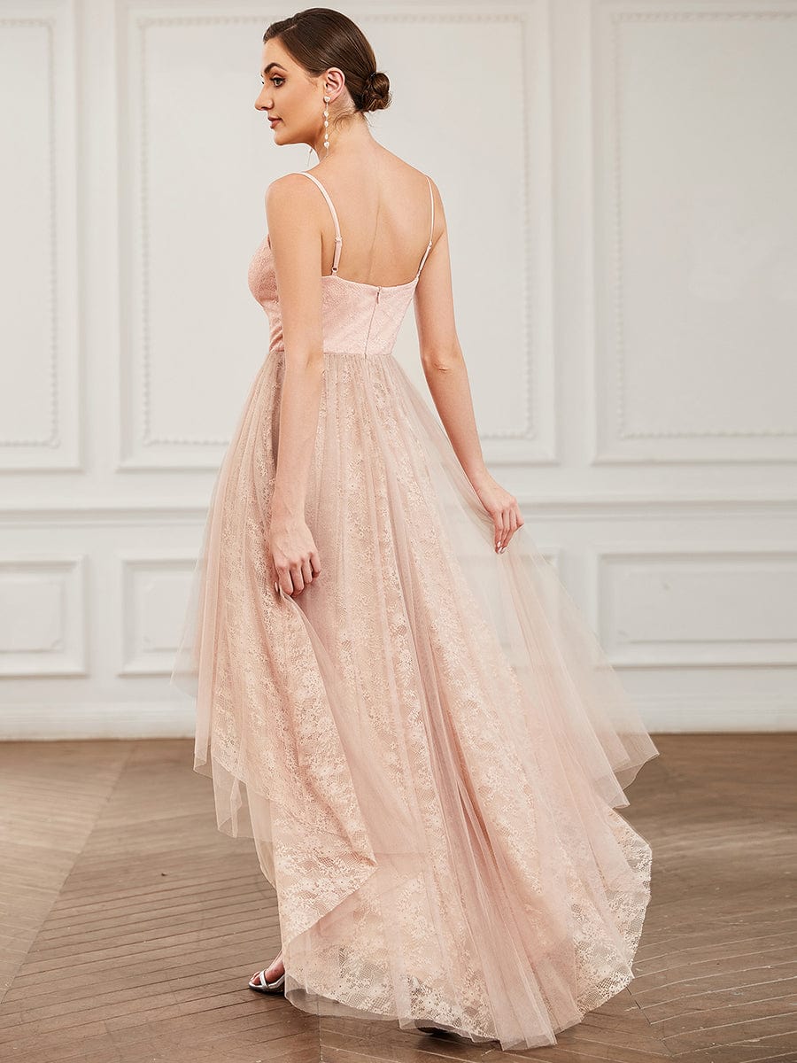 Lace Spaghetti Strap Tulle A-Line High Low Bridesmaid Dress #color_Blush Lace Spaghetti Strap Tulle A-Line High Low Bridesmaid Dress