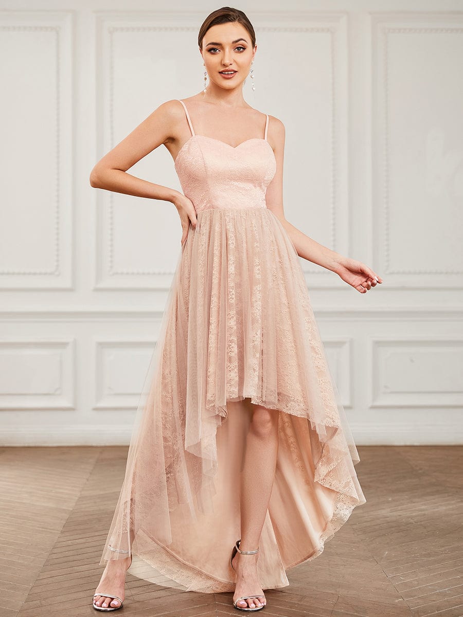 Lace Spaghetti Strap Tulle A-Line High Low Bridesmaid Dress #color_Blush Lace Spaghetti Strap Tulle A-Line High Low Bridesmaid Dress