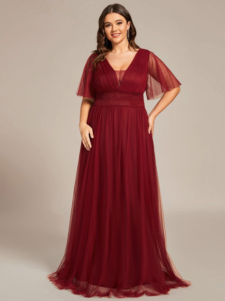 Custom Size Long A-Line Pleated Flutter Sleeve Tulle Maxi Bridesmaid Dress #color_Burgundy Custom Size A-Line Pleated Flutter Sleeve Tulle Maxi Bridesmaid Dress