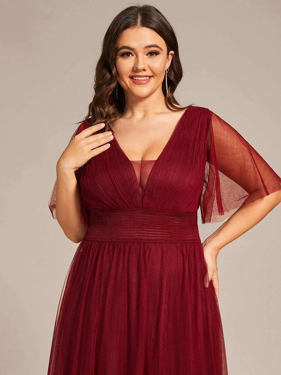 Custom Size Long A-Line Pleated Flutter Sleeve Tulle Maxi Bridesmaid Dress #color_Burgundy Custom Size A-Line Pleated Flutter Sleeve Tulle Maxi Bridesmaid Dress