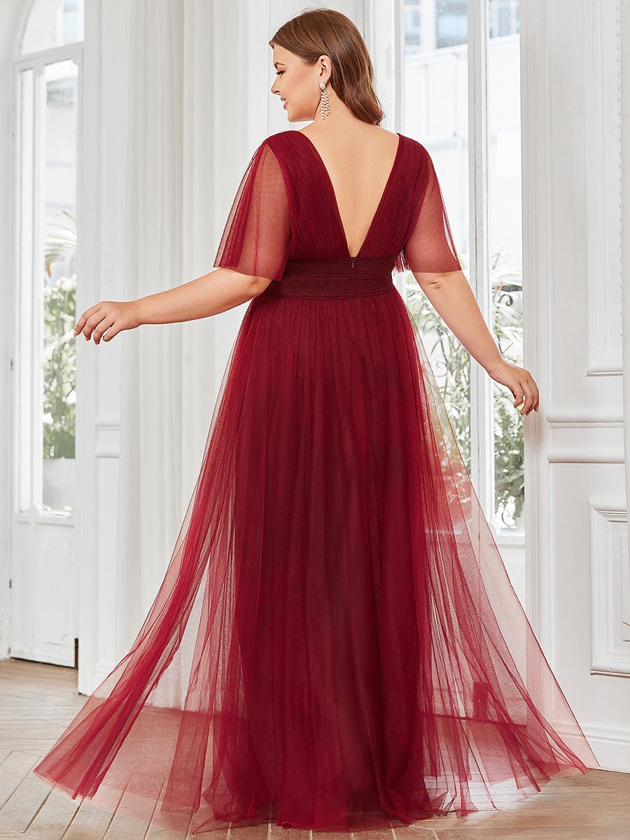 Custom Size A-Line Pleated Flutter Sleeve Tulle Maxi Bridesmaid Dress