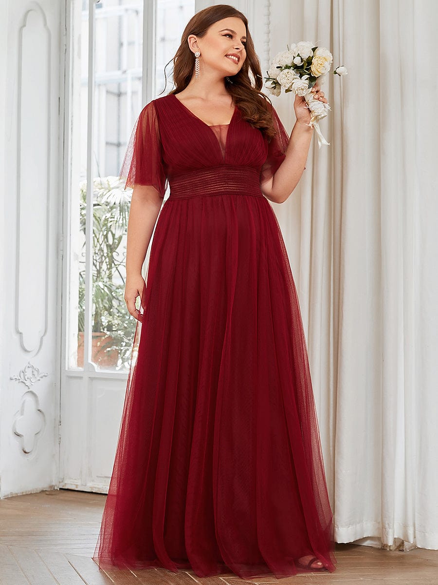 Custom Size A-Line Pleated Flutter Sleeve Tulle Maxi Bridesmaid Dress