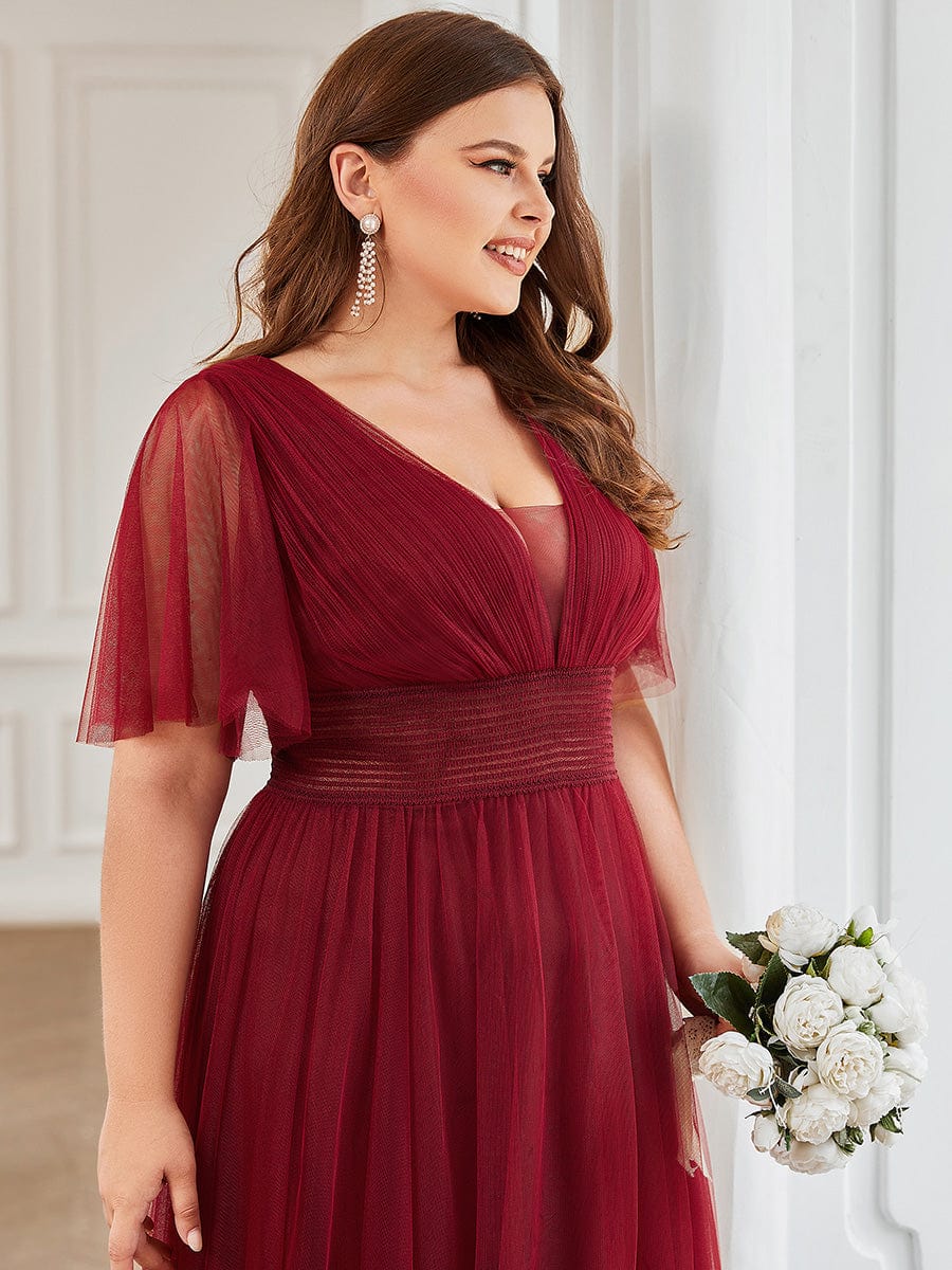 Custom Size A-Line Pleated Flutter Sleeve Tulle Maxi Bridesmaid Dress