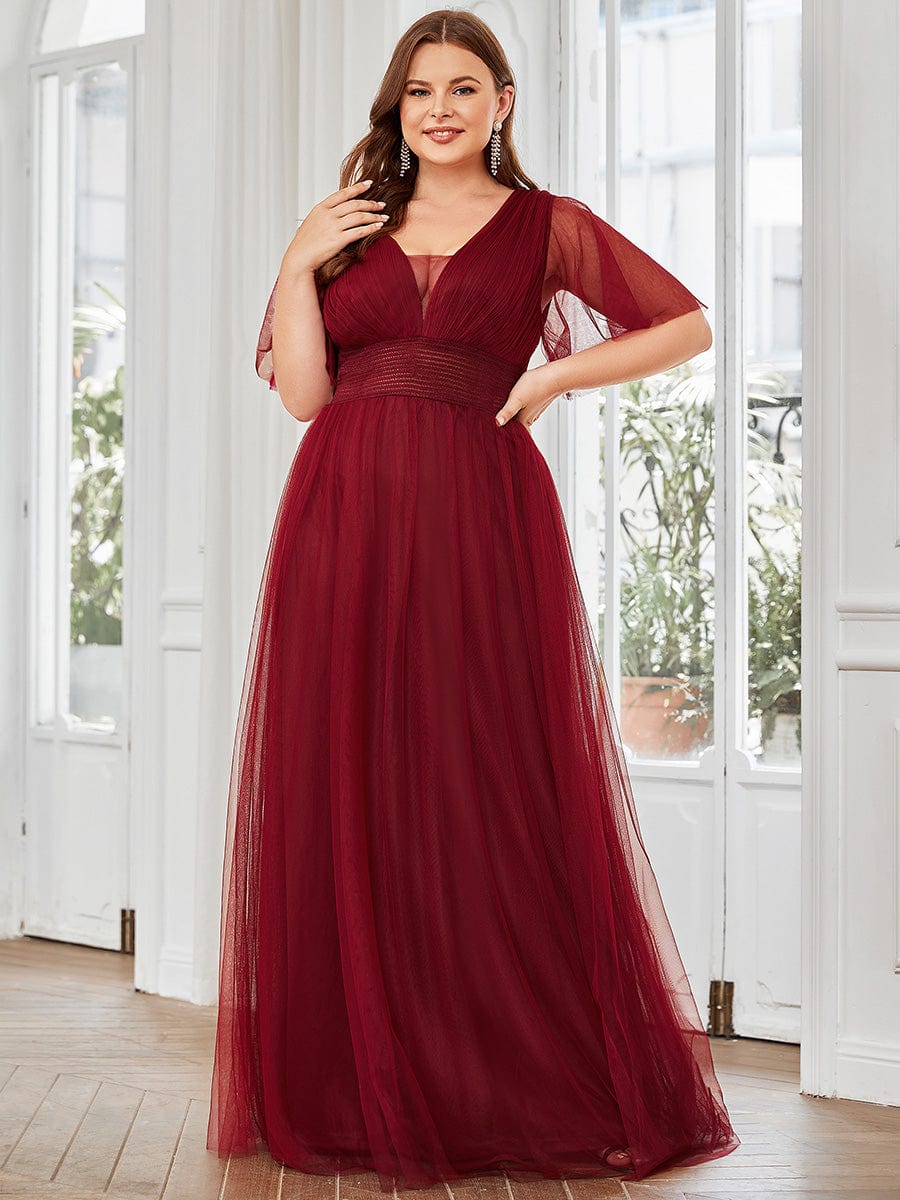 Custom Size Long A-Line Pleated Flutter Sleeve Tulle Maxi Bridesmaid Dress #color_Burgundy Custom Size A-Line Pleated Flutter Sleeve Tulle Maxi Bridesmaid Dress