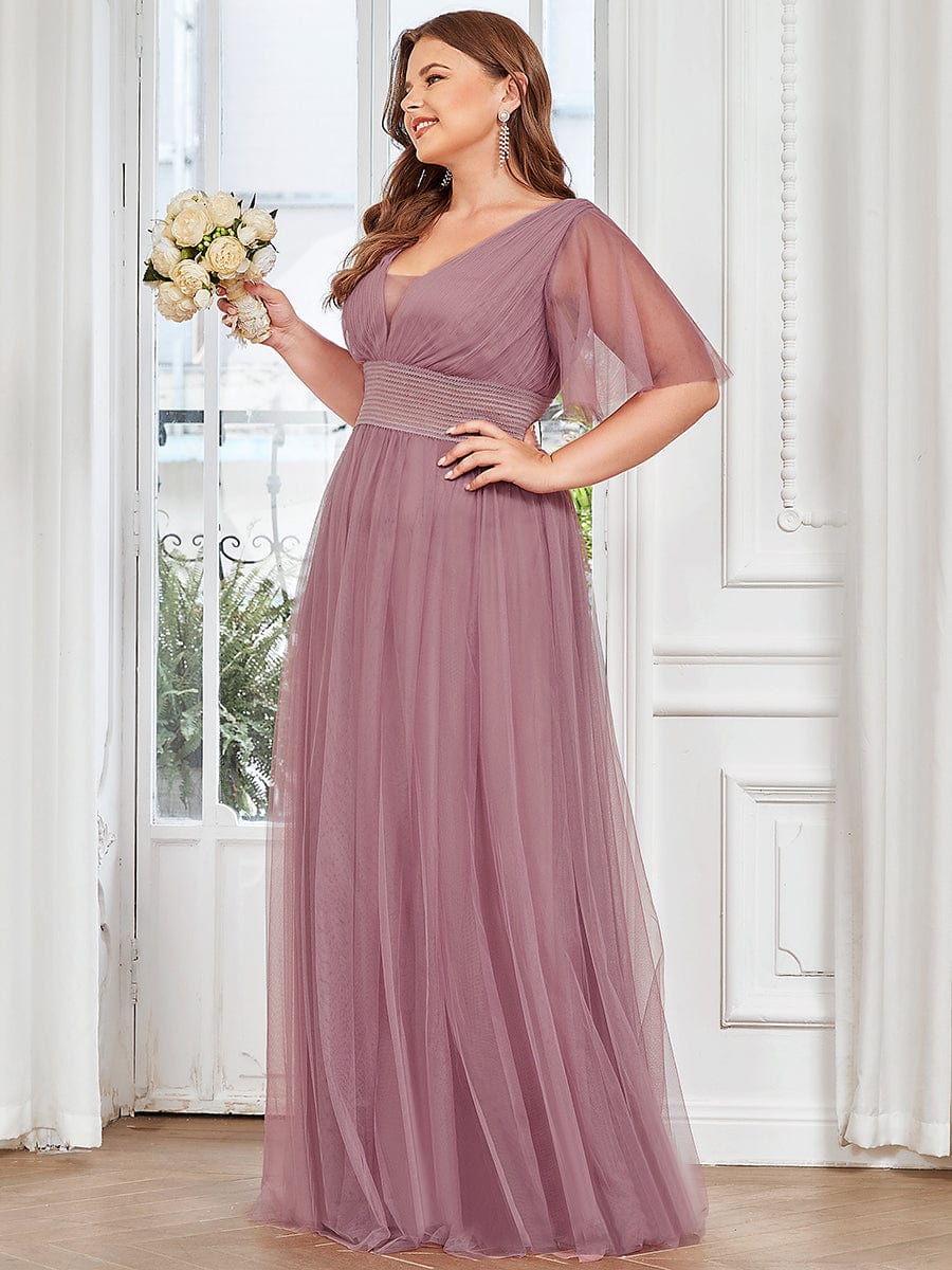 Custom Size Long A-Line Pleated Flutter Sleeve Tulle Maxi Bridesmaid Dress #color_Burgundy Custom Size A-Line Pleated Flutter Sleeve Tulle Maxi Bridesmaid Dress