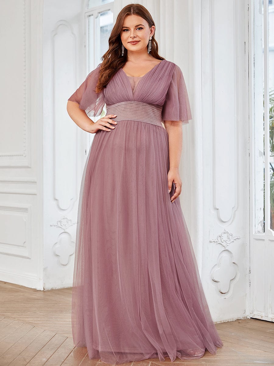 Custom Size Long A-Line Pleated Flutter Sleeve Tulle Maxi Bridesmaid Dress #color_Burgundy Custom Size A-Line Pleated Flutter Sleeve Tulle Maxi Bridesmaid Dress